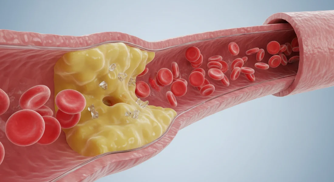 Coupe transversale d'une artère montrant des globules rouges, de la plaque, ainsi que du cholestérol HDL et LDL